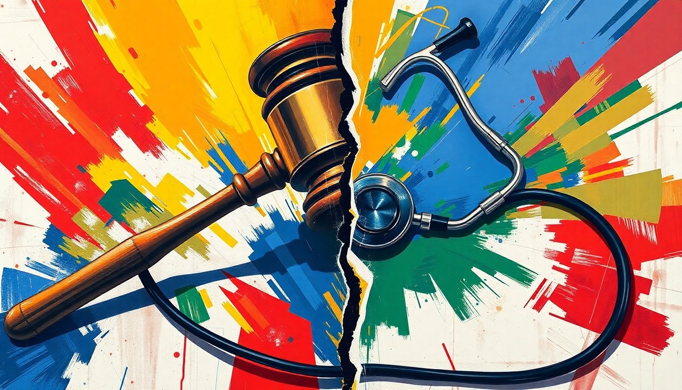 A vibrant, abstract painting featuring overlapping geometric shapes and brushstrokes in shades of red, blue, and yellow, conceptually representing the clash between military and social spending priorities.