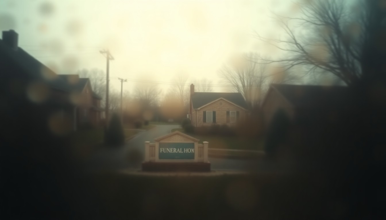 An abstract, blurred photograph showing the faint outline of a residential neighborhood with a funeral home in the distance, captured in a hazy, dreamlike style that conveys a sense of melancholy and unease.