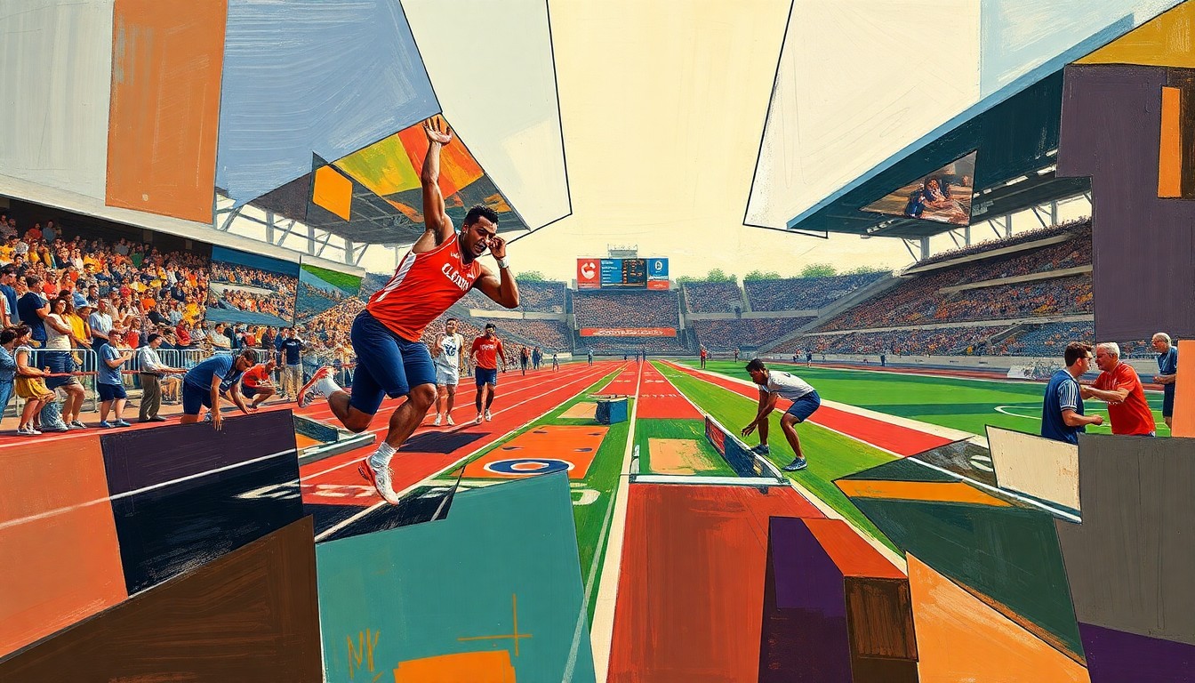 A cubist, geometric painting depicting a Clemson track and field competition, with overlapping planes and shapes representing the various events and athletes in motion.