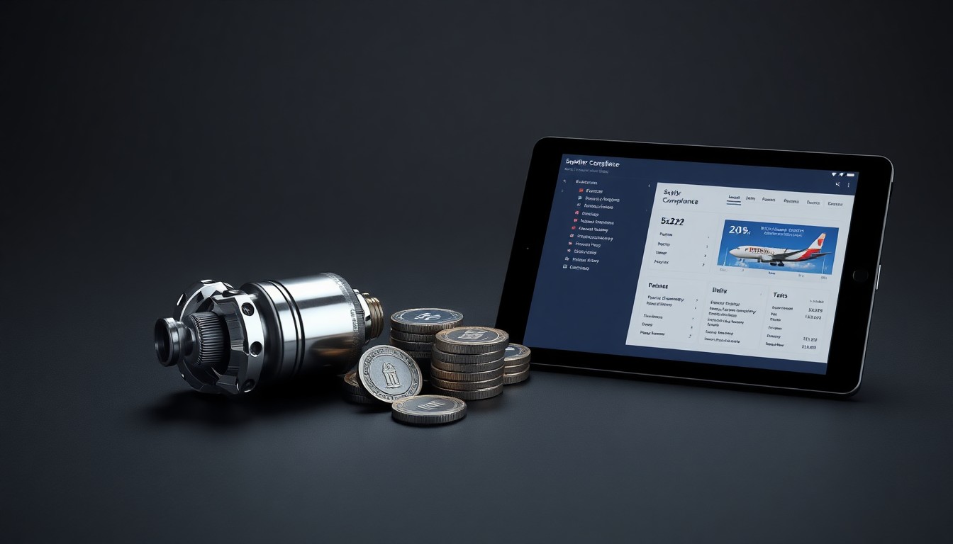 A high-end, photorealistic studio still-life photograph featuring a polished metal aerospace component, a stack of digital security tokens, and a tablet displaying a supplier compliance dashboard, all arranged elegantly on a clean, dark grey seamless background to conceptually represent the abstract ideas of supply chain security, digital identity, and regulatory compliance in the aerospace industry.