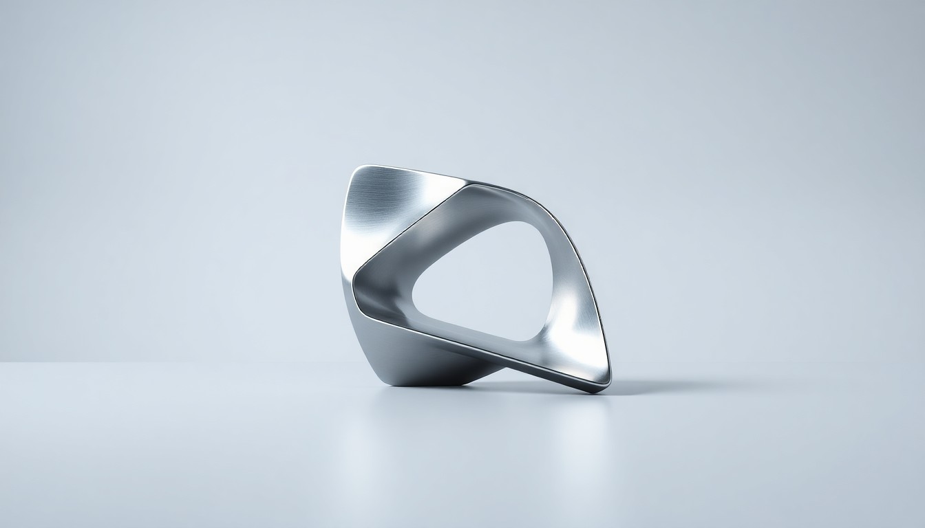 A highly reflective, geometric sculpture made of brushed aluminum, casting dramatic shadows on a clean, monochromatic background, representing the premium technology and modern aesthetic of ATN International's telecommunications services.