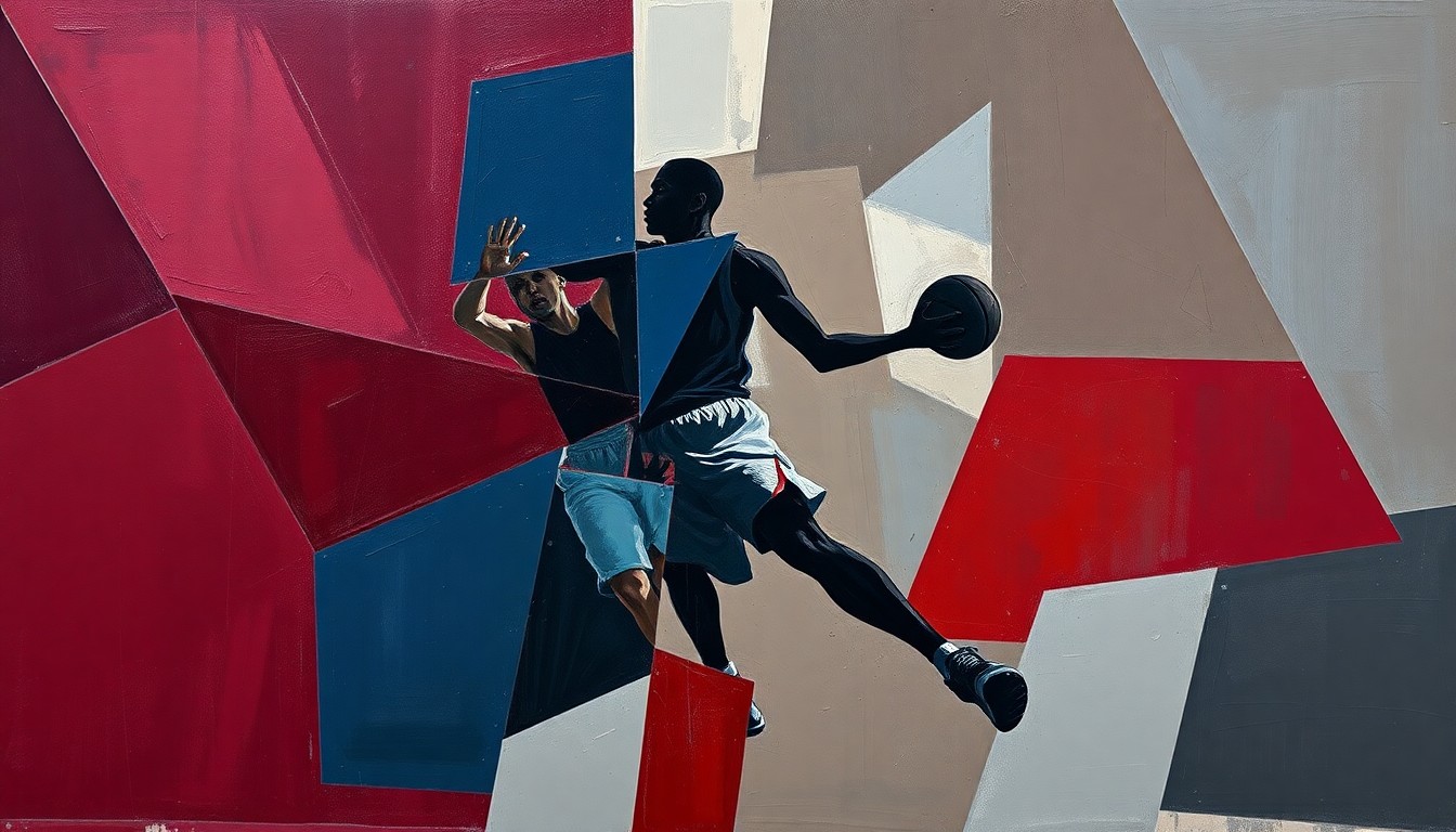 A fragmented, cubist-style painting depicting the silhouette of a basketball player in motion, broken down into sharp, overlapping geometric shapes in a muted color palette, conceptually representing the loss of a key recruit for the Rutgers basketball team.