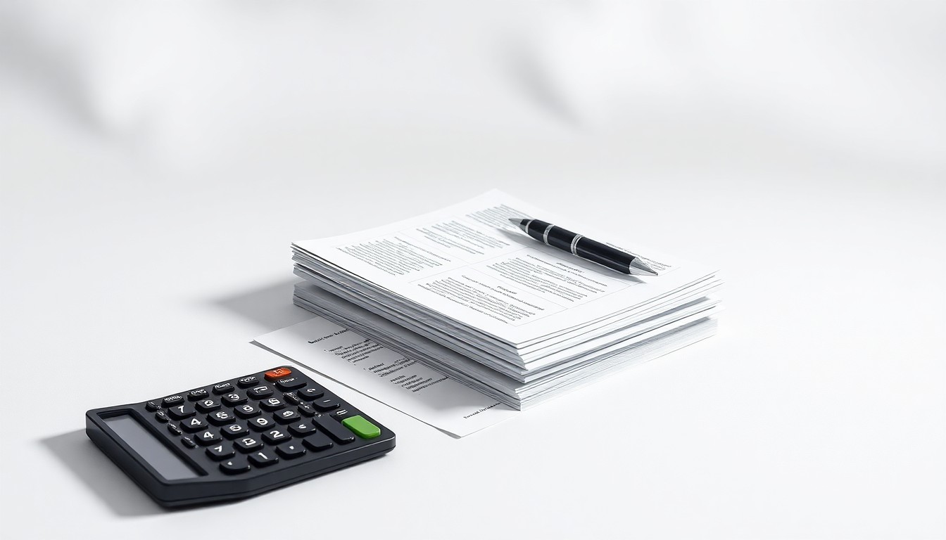 A photorealistic studio still life featuring a stack of financial documents, a pen, and a calculator arranged on a clean white background, symbolizing the abstract concepts of financial compliance and risk management.