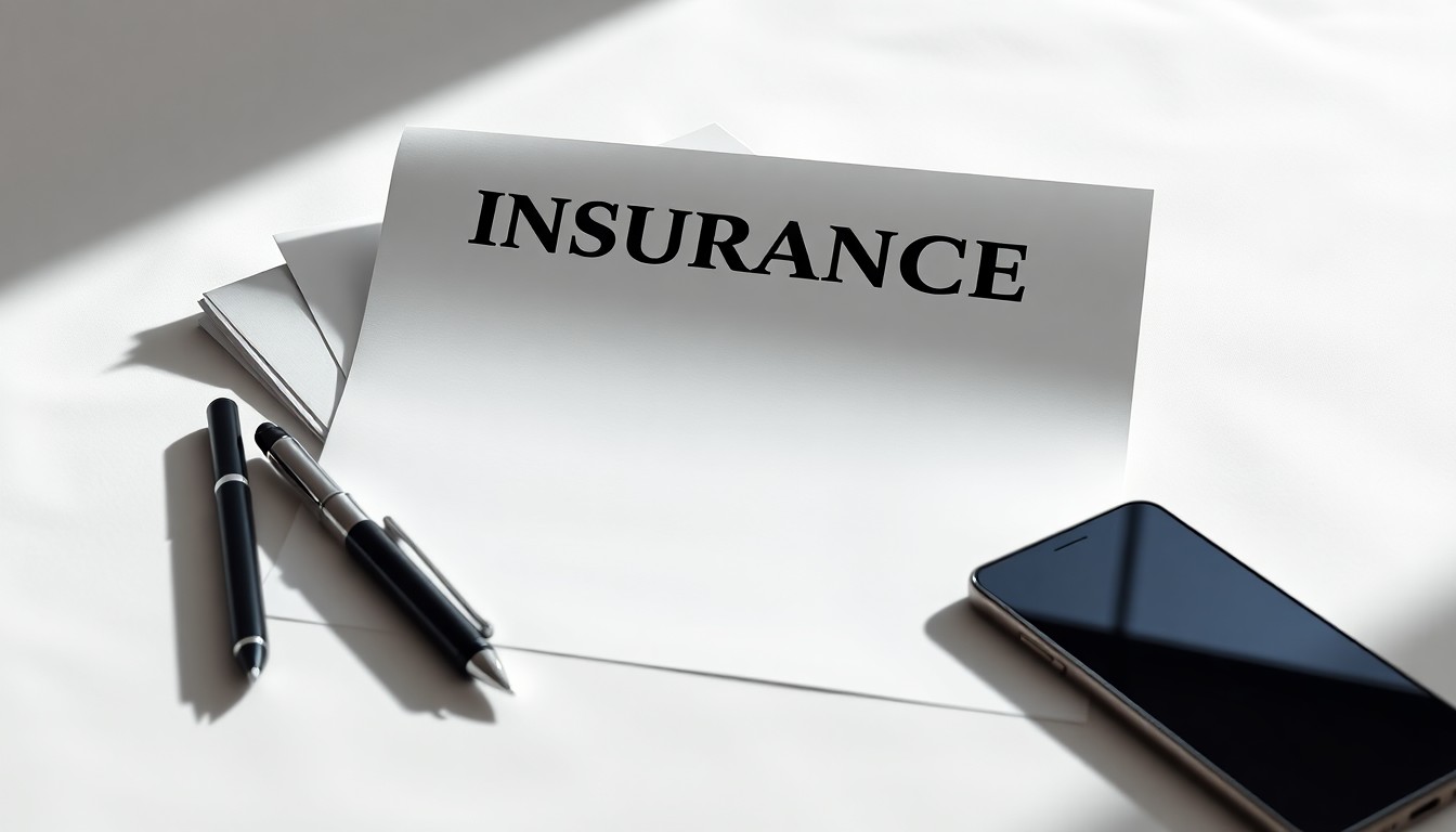 A high-end, photorealistic studio still-life featuring a stack of insurance documents, a pen, and a mobile phone arranged elegantly on a clean, white background, conceptually representing innovation and excellence in the insurance industry.