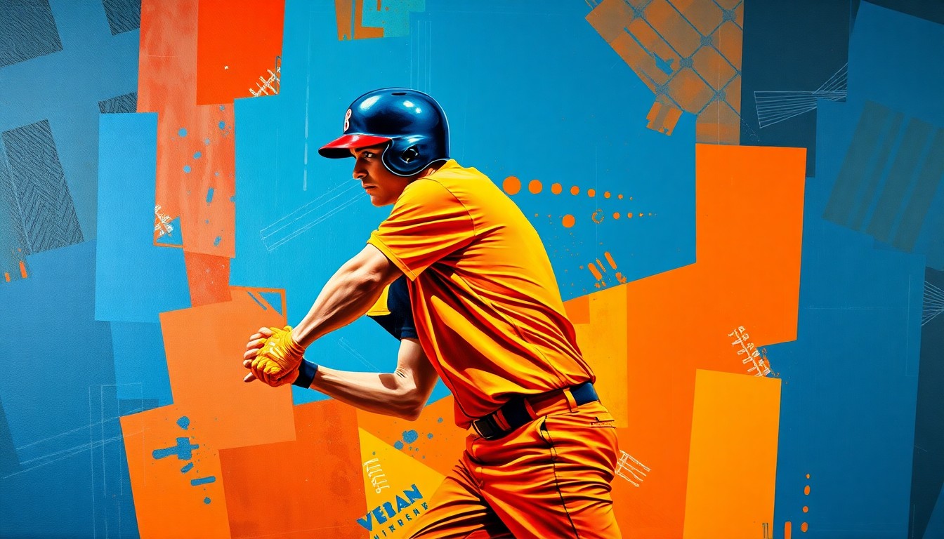 A fragmented, cubist-style painting depicting the dynamic motion of a baseball player's batting stance, broken down into sharp, overlapping geometric forms in a vibrant color palette.