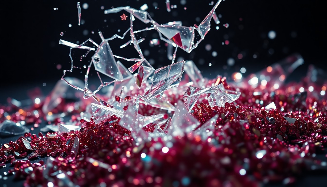 An abstract close-up photograph featuring shards of broken glass and sparkling sequins, captured in high-contrast studio lighting to create a sense of glamour and fragility.