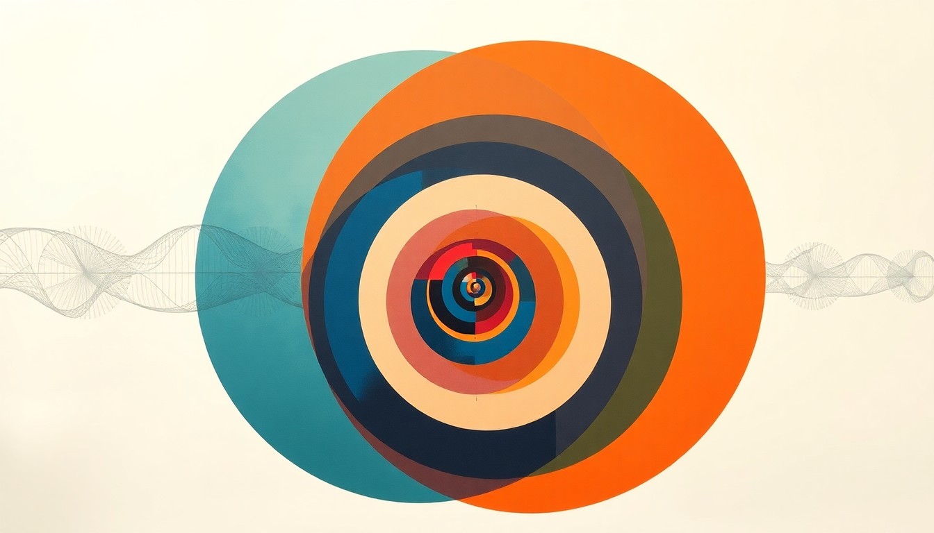 A bold, abstract painting in soft blues, greens, and grays, featuring sweeping geometric shapes and precise botanical spirals, conceptually representing the integration of complex genomics data and healthcare research networks.