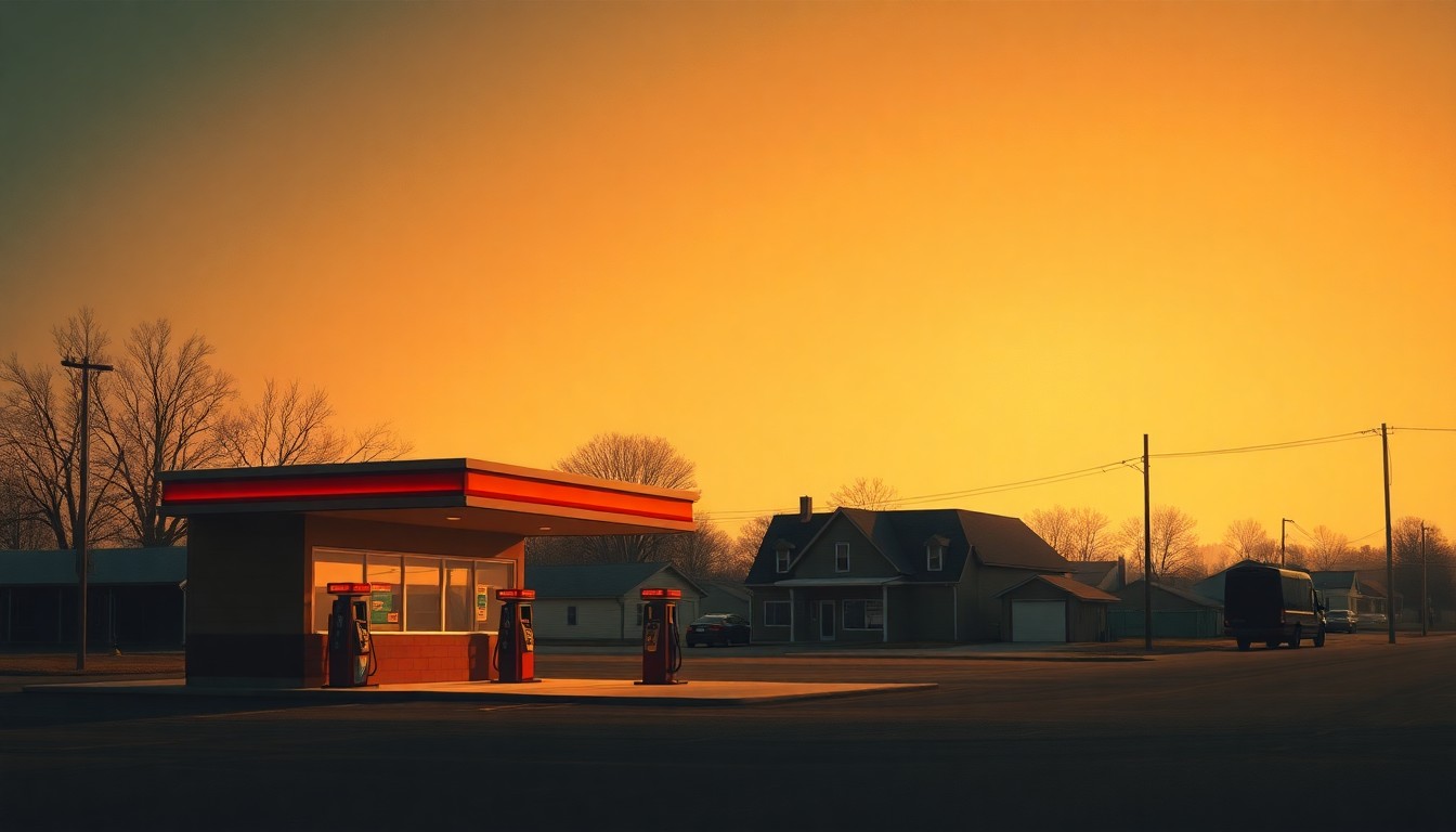 A serene oil painting depicting a solitary gas station in a small Midwestern town, with the building's architecture and the surrounding landscape bathed in warm, golden light and deep shadows, conveying a sense of quiet contemplation about the effects of global energy market disruptions on local residents.