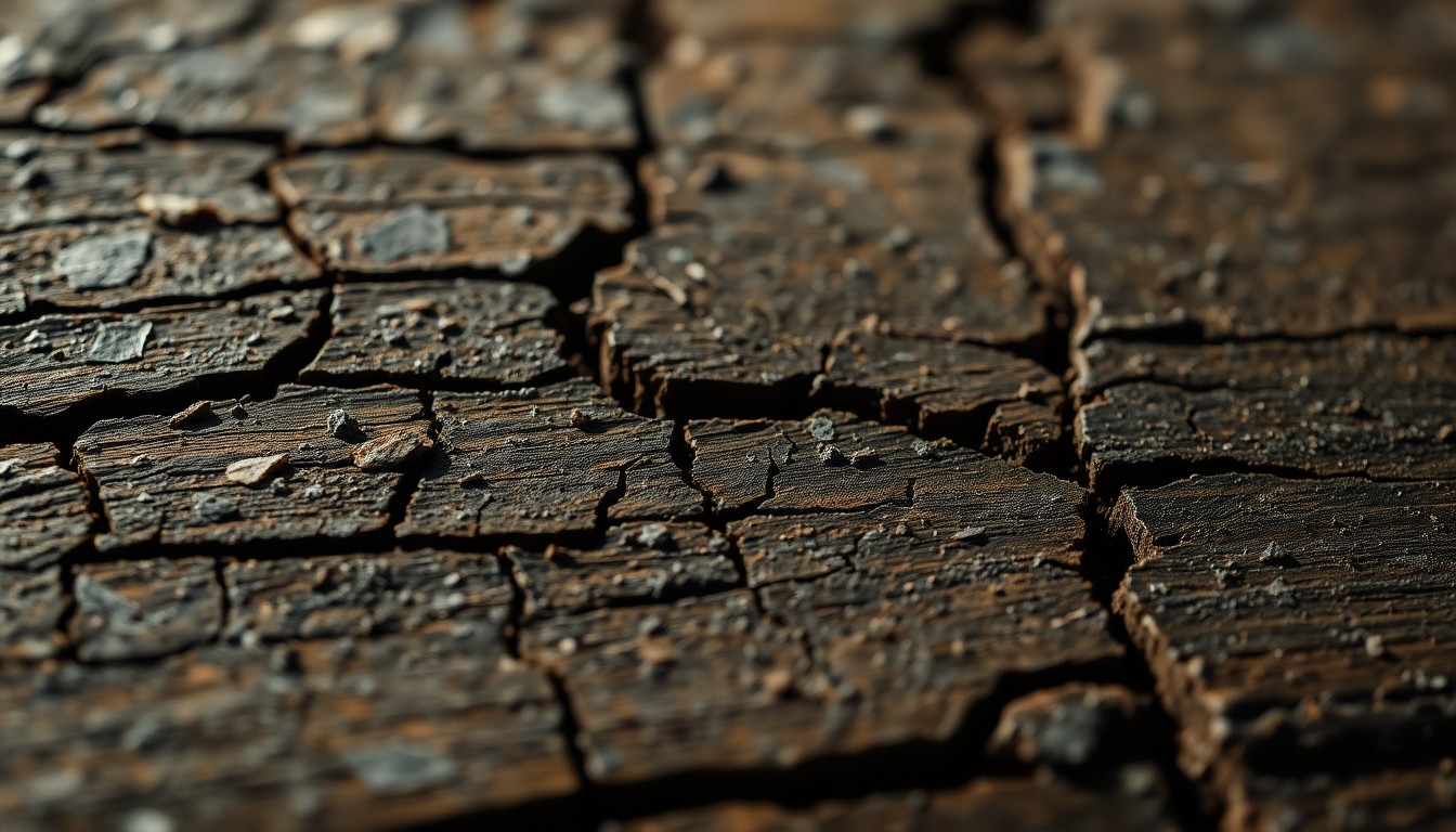 An extreme close-up of a weathered, cracked wooden surface in shades of brown and grey, with hints of peeling paint, conceptually representing the hidden history and dark secrets of a small-town physician.