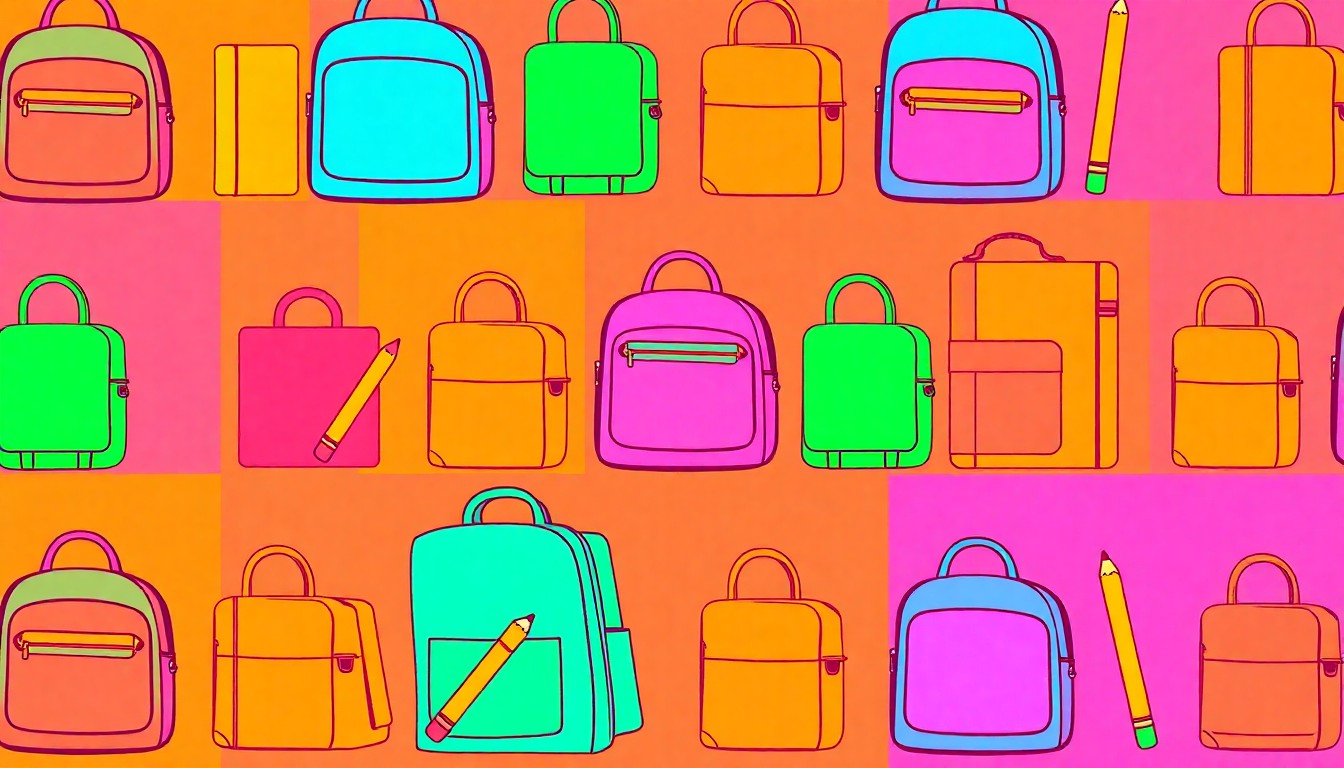 A brightly colored, high-contrast silkscreen print of a single, iconic school backpack repeated in a tight grid pattern, conceptually representing the growing importance of school choice for American families.