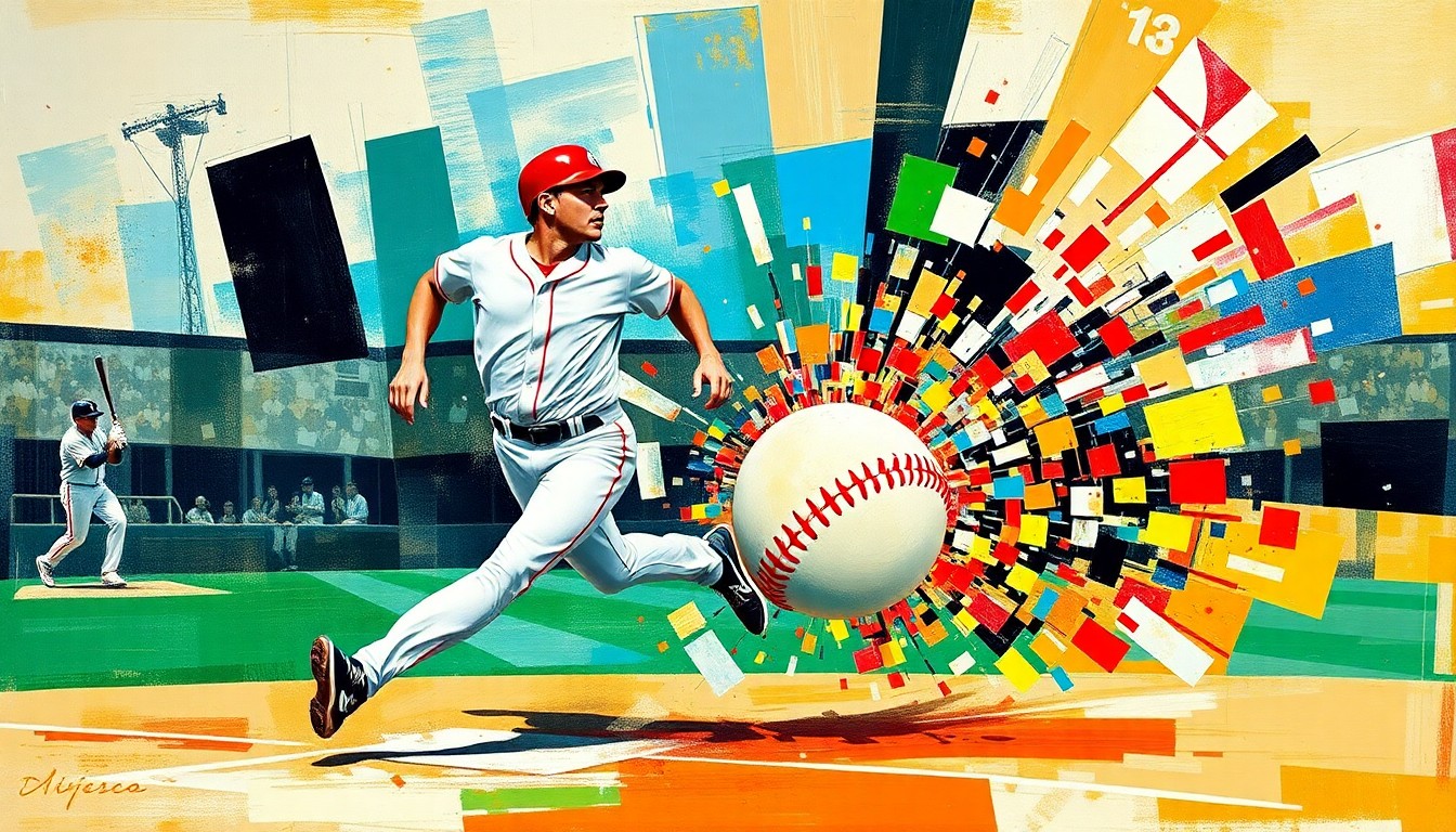 A cubist, fragmented painting depicting a baseball player running the bases, the ball breaking apart into sharp, overlapping geometric shapes, capturing the explosive energy and multi-angled perspective of the play.
