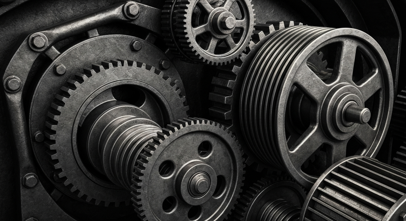A close-up of the complex, industrial-looking gears and pulleys that represent the inner workings of a financial institution, conveying a sense of power and stability.
