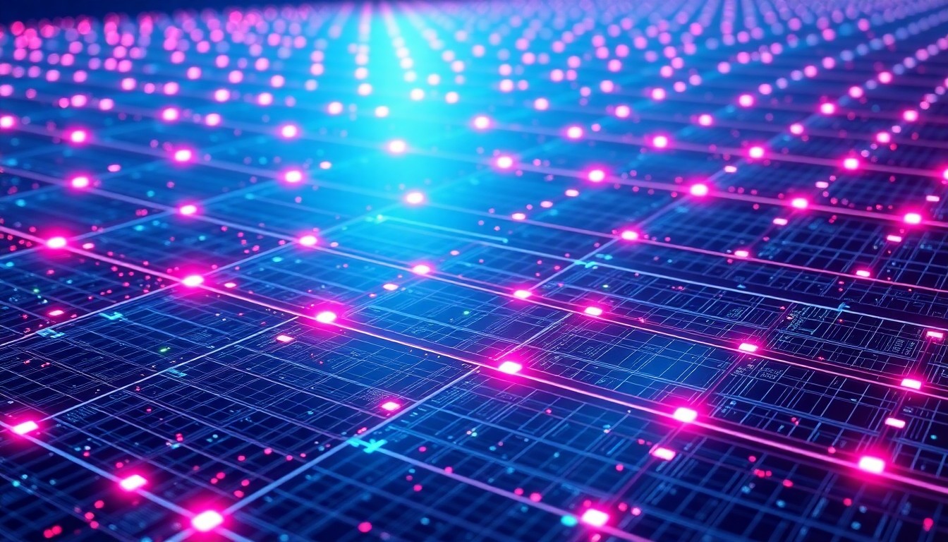 A highly detailed 3D illustration of a glowing, futuristic solar panel array with intricate circuitry and neon cyan and magenta lighting, conceptually representing the advanced technology and data analytics powering hail-resilient solar projects.