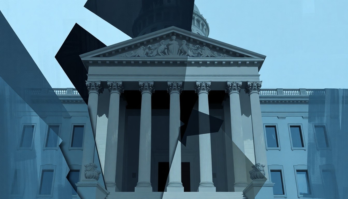 A dynamic, abstract painting featuring overlapping geometric shapes and lines in shades of blue, grey, and black, conceptually representing the fragmented and bureaucratic nature of government institutions.