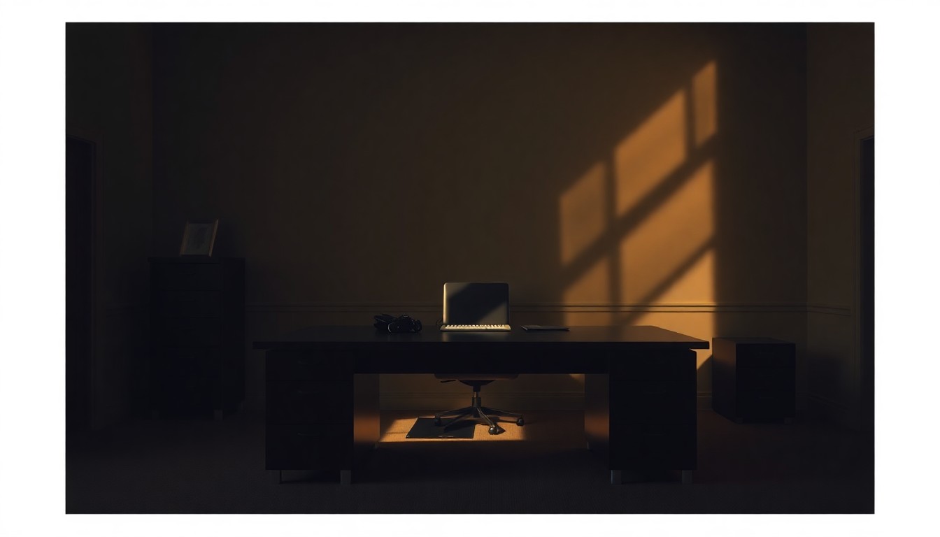 A dimly lit, empty government office desk with a single chair, the surface reflecting a faint glow of sunlight through the window, conveying a sense of quiet contemplation and unease.