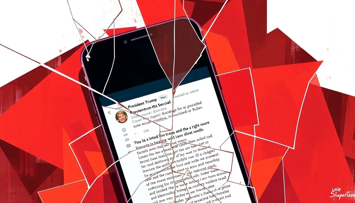 A dynamic, fragmented painting in shades of red, orange, and black depicting a cracked smartphone screen with obscured text, conceptually representing the divisive and destabilizing nature of the president's controversial online statements.