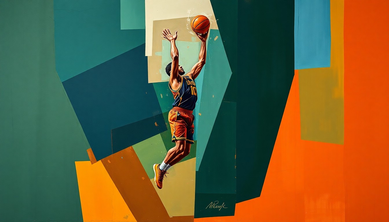 A cubist-style painting depicting a basketball player's jump shot broken down into sharp, overlapping geometric shapes in deep blue, green, and orange tones, conveying the instability and uncertainty surrounding a high-profile recruit's decommitment.