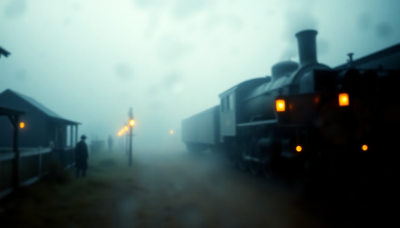 An impressionistic, out-of-focus scene of a vintage steam locomotive pulling into a small frontier town, with the warm glow of lanterns and silhouettes of settlers visible through the hazy, dreamlike atmosphere, conceptually representing the pioneering spirit of westward expansion.