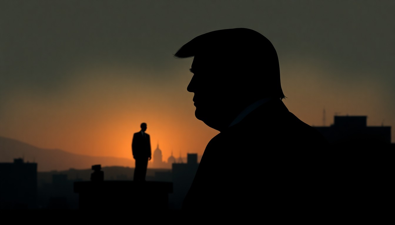 A cinematic, moody painting depicting a solitary, brooding figure representing Donald Trump silhouetted against a dimly lit, desaturated cityscape, with a distant, glowing figure representing Vladimir Putin in the background, conveying a sense of melancholy and isolation.