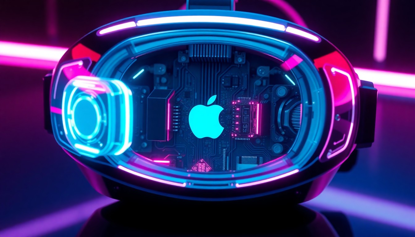 A highly detailed, glowing 3D macro illustration of the internal components and circuitry of an Apple Vision Pro headset, illuminated by neon cyan and magenta lights, conceptually representing the technical challenges that contributed to the product's launch struggles.