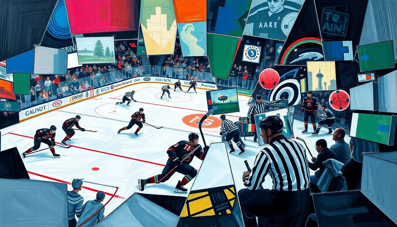 An abstract, cubist-style painting depicting the dynamic action of a hockey game between the Minnesota Wild and Seattle Kraken, with the players' movements and the energy of the game expressed through a fractured, multi-perspective composition of sharp, overlapping geometric shapes and planes.
