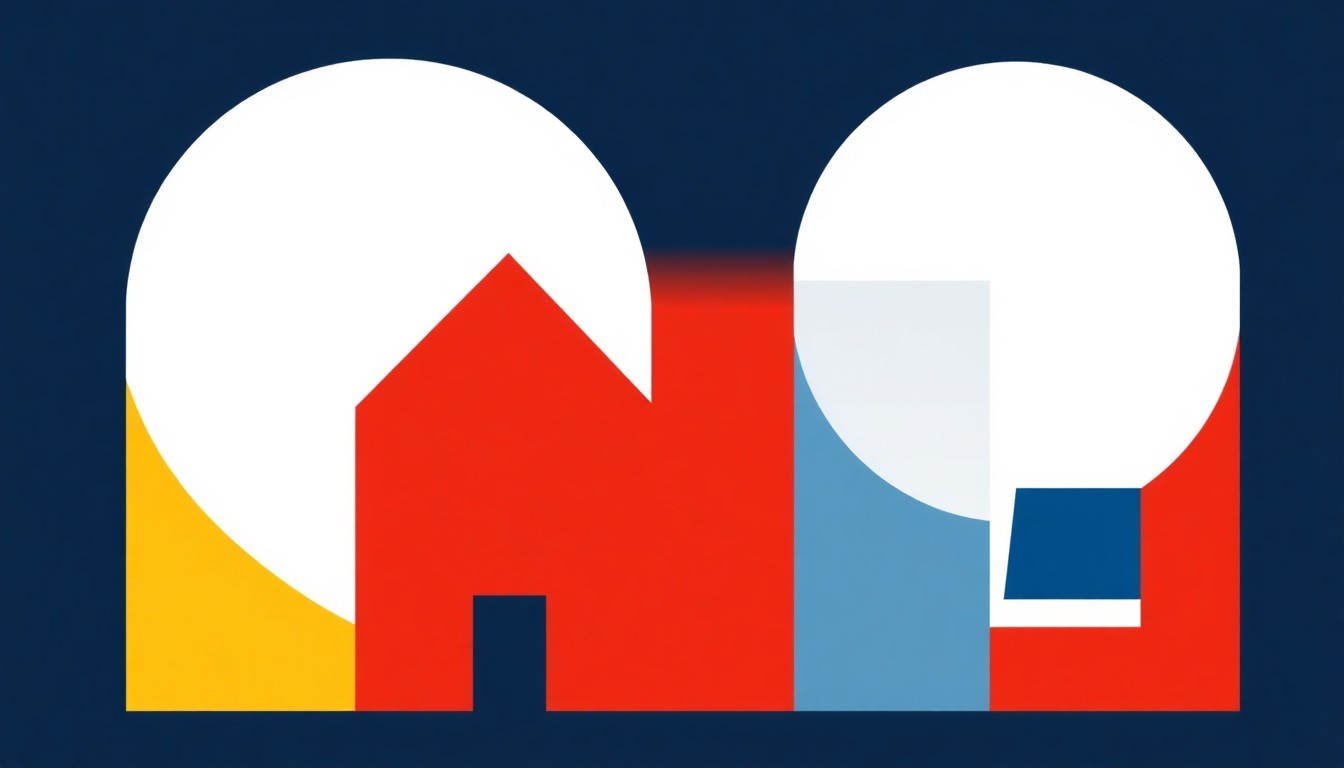 A minimalist illustration using bold geometric shapes and primary colors to represent the concept of decreasing property taxes, without any text or identifiable elements.