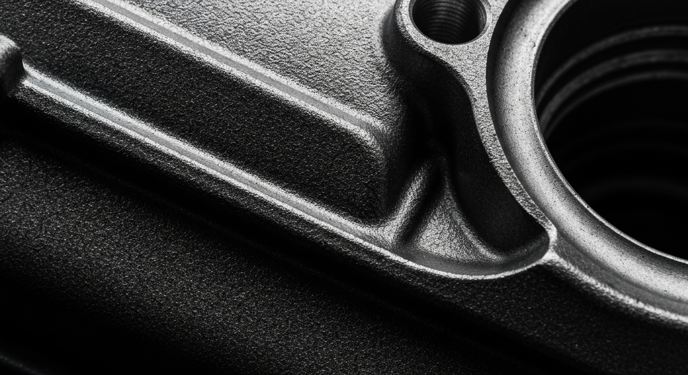 An extreme close-up of a textured metal automotive component, the surface reflecting a soft red glow and revealing the intricate engineering behind the part.