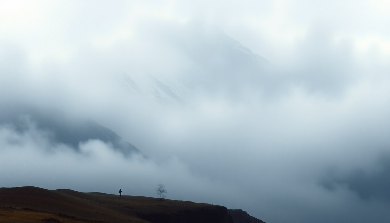 A vast, misty landscape painting depicting a snow-capped mountain range shrouded in heavy fog, with a lone tree or structure barely visible in the foreground, conveying a sense of the overwhelming, sublime scale of the natural world.