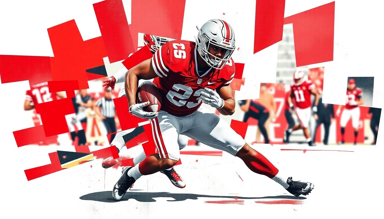 A fragmented, cubist-style painting depicting a football player in motion, their body broken down into sharp, overlapping geometric shapes in shades of scarlet red, gray, and white, conveying the physical intensity and versatility of the sport.