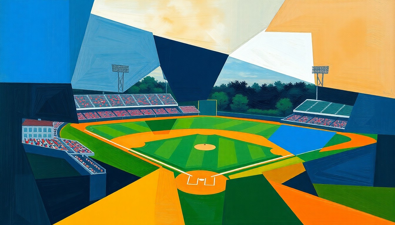 A fragmented, geometric painting depicting the motion and energy of a high school baseball game, with sharp planes of navy, green, and orange colors overlapping to create a dynamic, abstract composition.