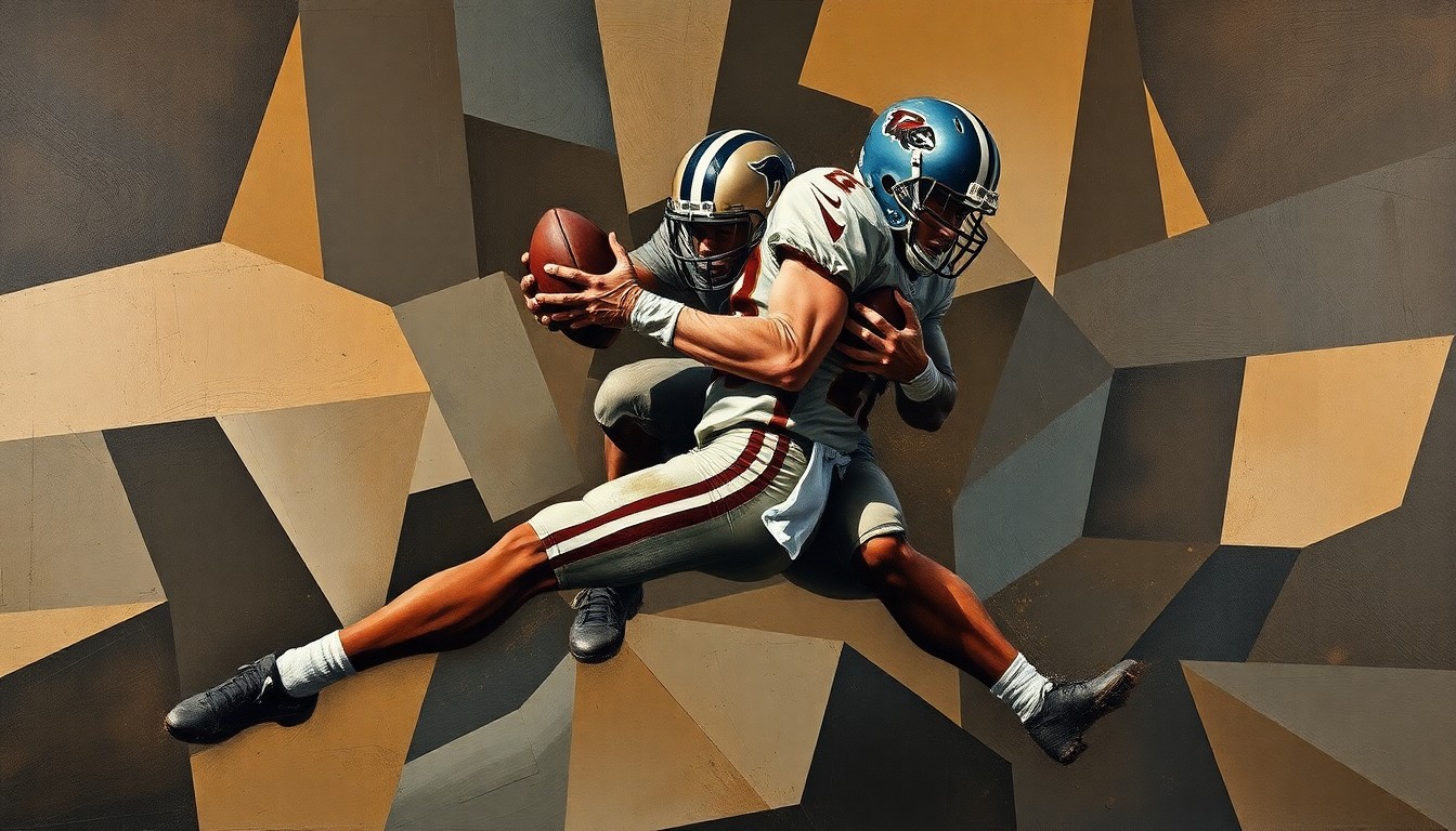 A cubist, geometric painting depicting a football player's aggressive tackle broken down into sharp, overlapping planes of dark, earthy colors, conveying the complex neurological impacts of repetitive head trauma in contact sports.