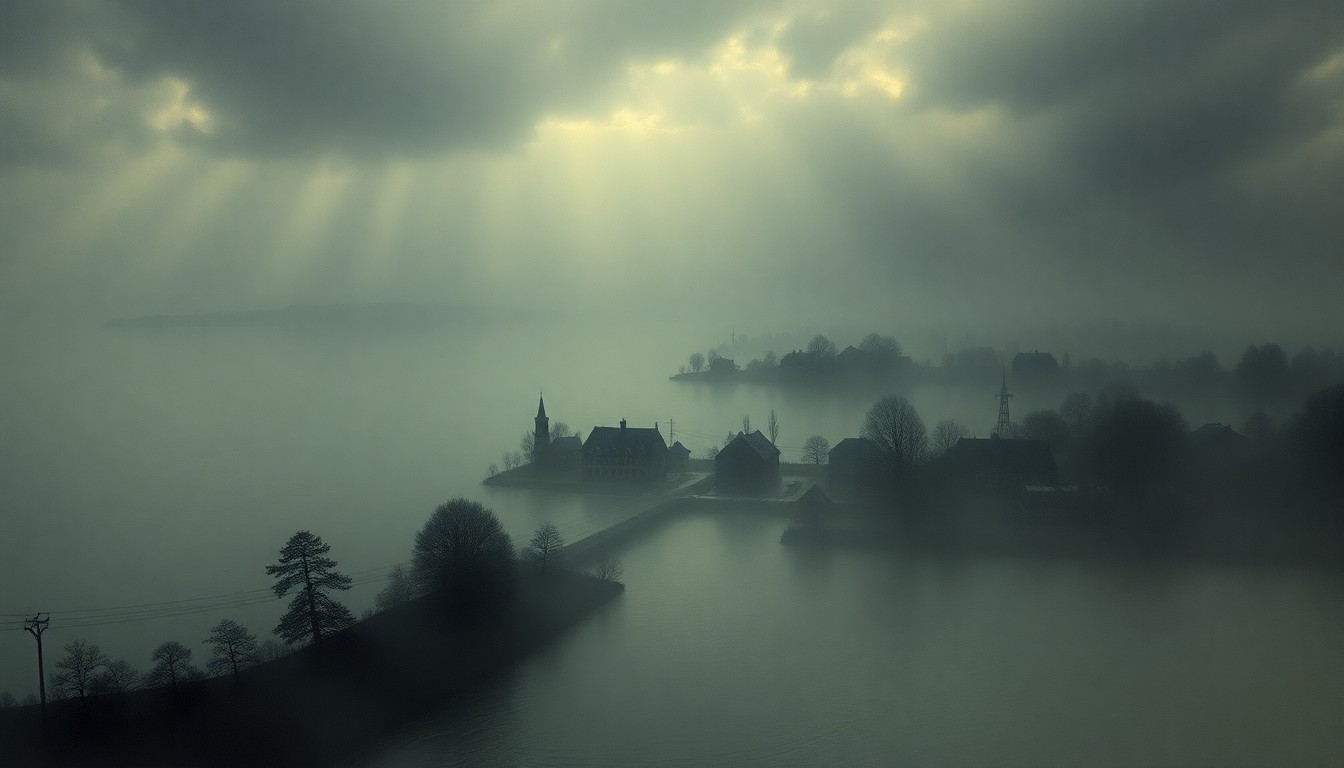 A sweeping, atmospheric landscape painting in muted tones, depicting the tops of submerged buildings and trees emerging from a vast, flooded coastal plain, conveying the overwhelming scale and power of the natural disaster.