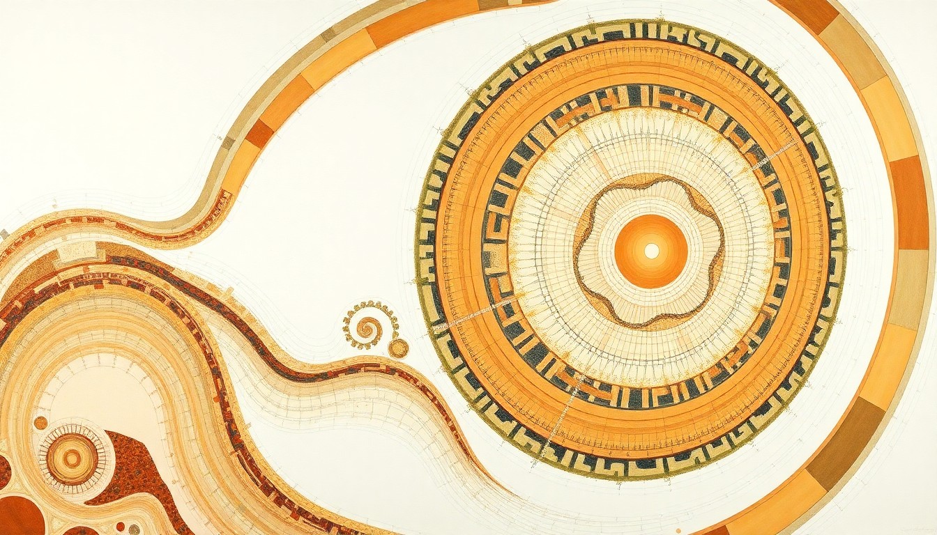 A highly structured abstract painting in muted earth tones, featuring sweeping geometric arcs, concentric circles, and precise botanical spirals, conceptually representing the evolutionary forces that gave rise to the modern animal-dominated biosphere.