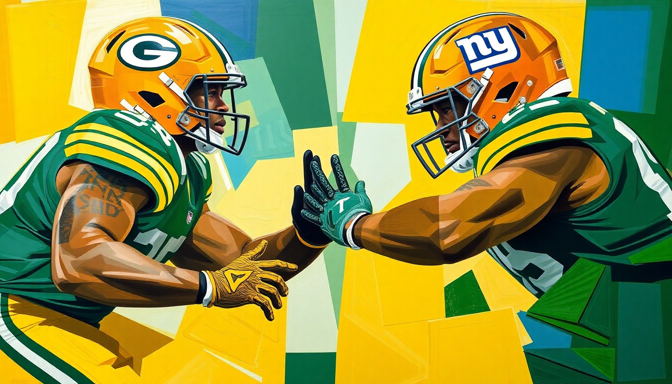 A fractured, multi-perspective painting in bold, geometric shapes and colors representing a defensive line play, conceptually illustrating the potential impact of a trade involving star defensive tackle Dexter Lawrence.