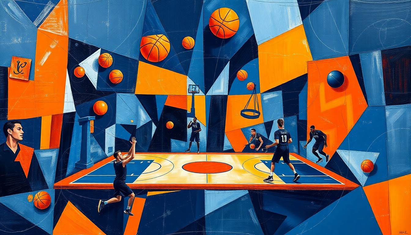 A cubist, geometric painting depicting fragmented, overlapping shapes and planes of basketball players, balls, and court lines in a palette of navy, orange, and silver, conveying the intense physicality and competitive spirit of the championship matchup.