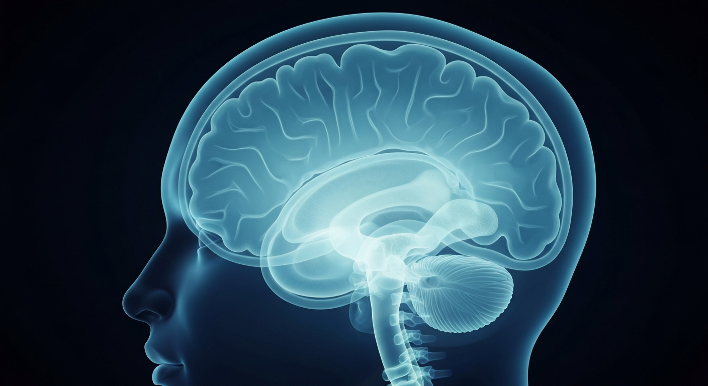 A ghostly, translucent X-ray image of a human brain, its neural pathways and structures glowing in shades of blue and green against a dark background, conveying the scientific and holistic nature of the story's insights on how diet can impact sleep.