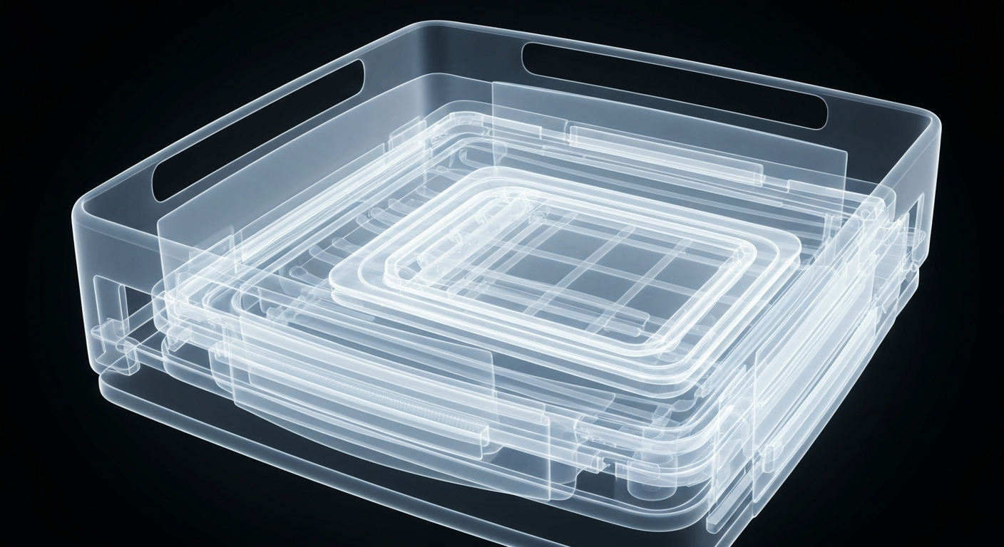 A ghostly, translucent X-ray-style image revealing the internal structure of a medical mattress overlay, with glowing lines and shapes illustrating the complex mechanisms that work to redistribute pressure and prevent skin breakdown.