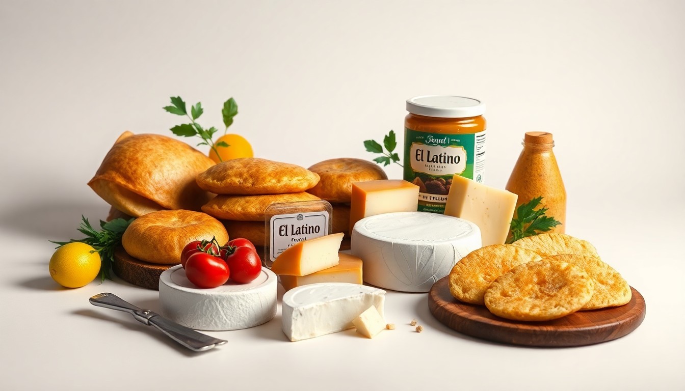 A high-end, photorealistic studio still-life photograph featuring a carefully arranged composition of premium Latin American food products such as cheeses, empanadas, and arepas, placed elegantly on a clean, monochromatic background and using dramatic lighting to highlight the craftsmanship and quality of El Latino's offerings.