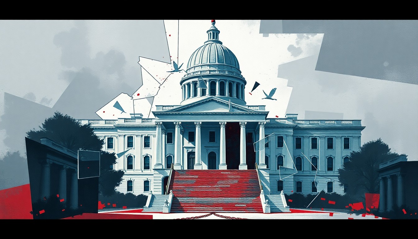 A fractured, abstract painting in shades of grey, blue, and red depicting a government office building or other political structure, conveying a sense of instability and disruption through its fragmented, geometric style.