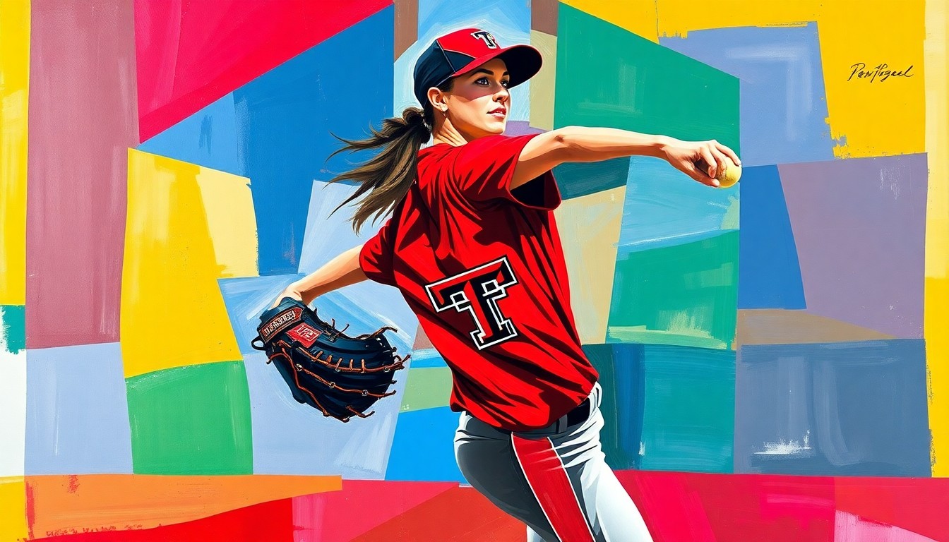 A fragmented, geometric painting depicting the motion of a college softball pitcher, with sharp planes of color and form representing the explosive energy of the wind-up and delivery.