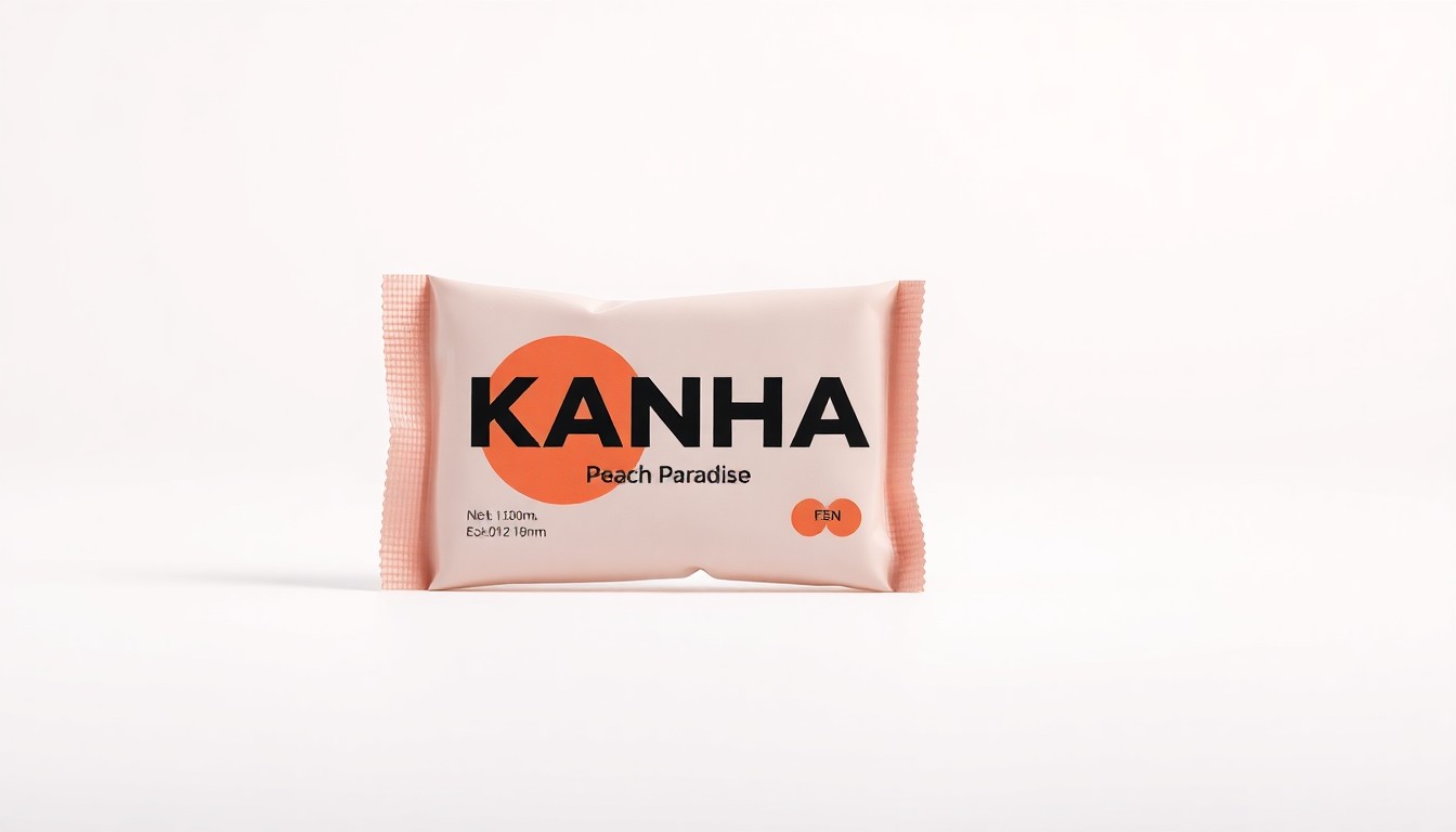 A close-up photograph of a single KANHA Peach Paradise gummy, showcasing its smooth, polished texture and vibrant peach color against a clean, minimalist background.
