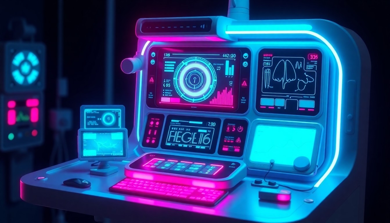 A highly detailed, glowing 3D illustration of a futuristic, neon-lit medical console or diagnostic device, representing the advanced AI-powered technology behind BoomerangFX's AUVIA Clinic Co-Pilot. The device features recognizable medical elements like screens, sensors, and controls, all illuminated by vibrant cyan and magenta lights.