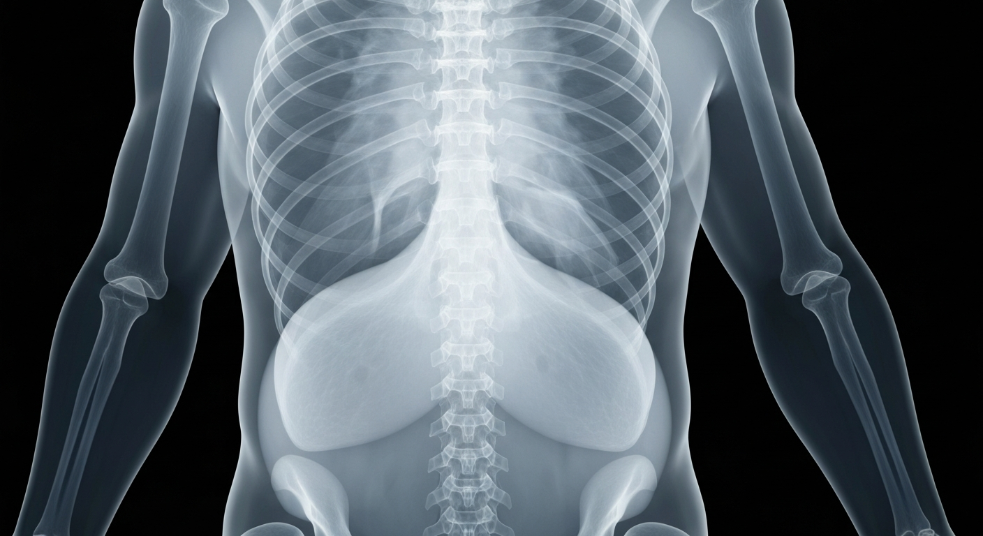 A ghostly, translucent X-ray photograph showing the internal structures of a human torso with excess visceral fat, conceptually illustrating the nuanced biological factors involved in obesity.