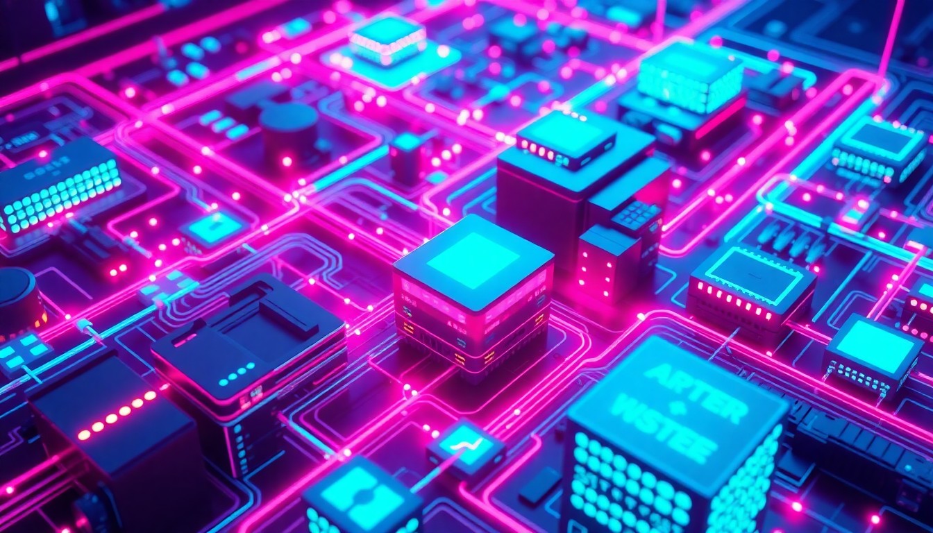 A highly detailed, glowing 3D illustration of interconnected IT infrastructure components, including servers, routers, and data centers, all illuminated by vibrant neon lights, conceptually representing the rise of role-based agentic AI in IT operations.