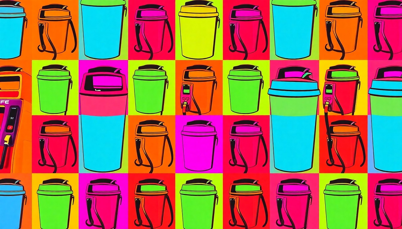 A bold, colorful silkscreen-style illustration featuring repeated images of a gas pump and coffee cup in a vibrant neon color palette, conceptually representing the expansion of Iowa's Casey's convenience store brand.