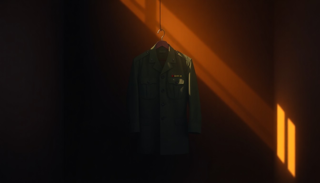 A cinematic painting of a lone military uniform hanging in a dimly lit room, the fabric bathed in warm, diagonal sunlight and deep shadows, conveying a sense of isolation and uncertainty.
