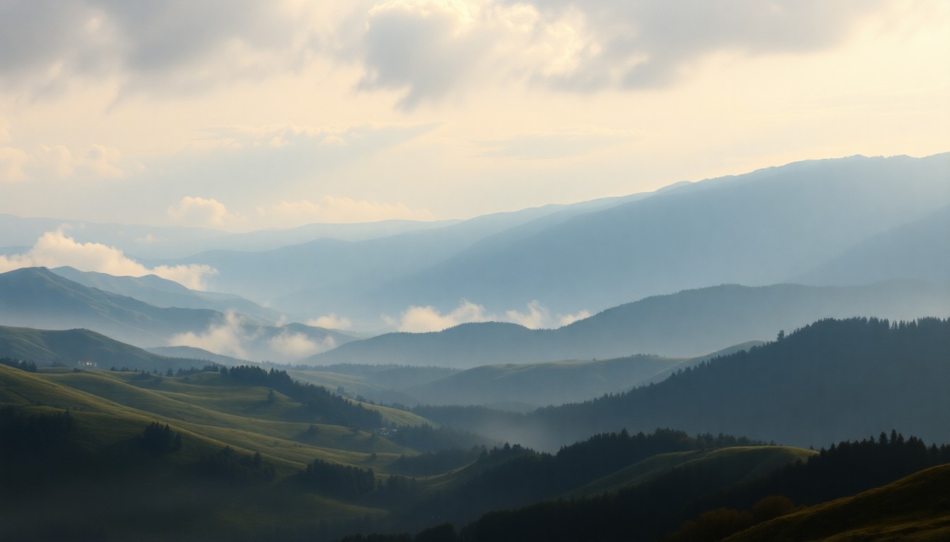 A sweeping, atmospheric landscape painting in muted tones of blue, gray, and green, with distant hills and mountains obscured by a hazy mist, conveying a sense of the overwhelming scale and power of the natural world.