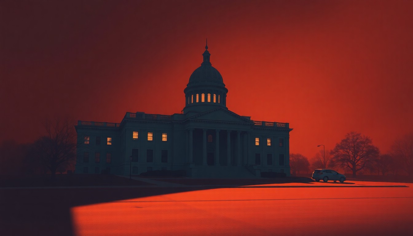 A serene, cinematic painting of a state capitol building in warm, golden light, conveying a sense of quiet contemplation and the growing distance between lawmakers and the people they represent.
