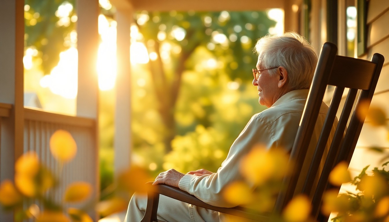 An extremely abstracted, out-of-focus photograph of an elderly person sitting in a rocking chair on a porch, surrounded by blurred summer greenery and warm pools of golden light, conceptually representing the LIHEAP program's assistance to vulnerable populations.