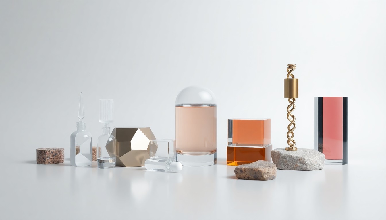 A minimalist studio still life featuring a collection of polished, geometric objects made from premium materials like glass, metal, and stone, arranged elegantly on a clean, monochromatic background to symbolize the abstract concepts of drug discovery, RNA-targeting technology, and pharmaceutical innovation.